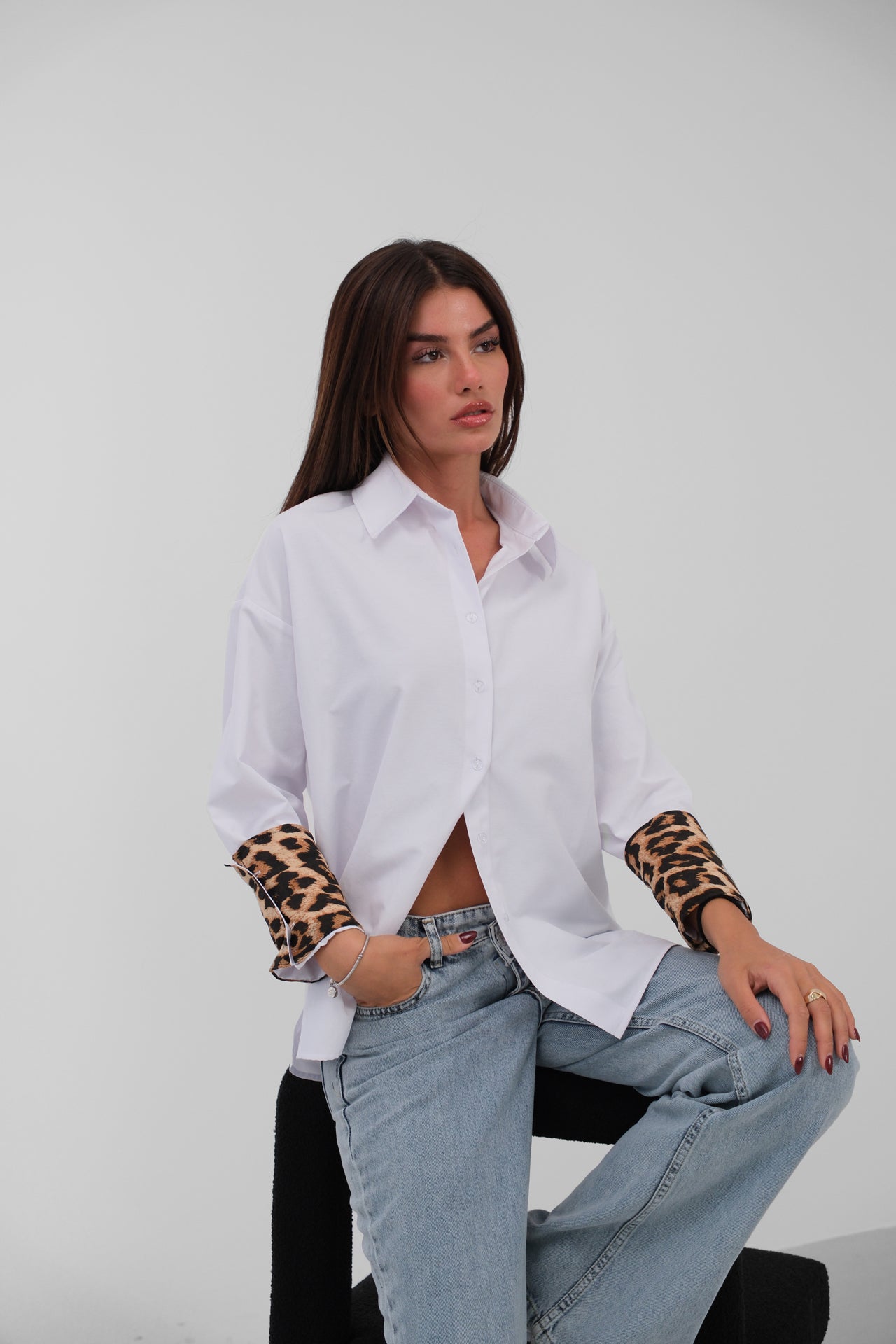 Koszula z panterkowym mankietem - biała