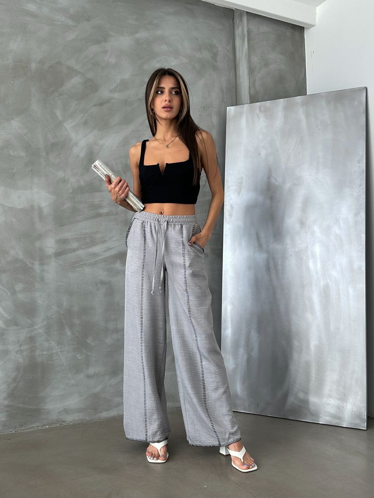 Spodnie lniane z haftem - szare