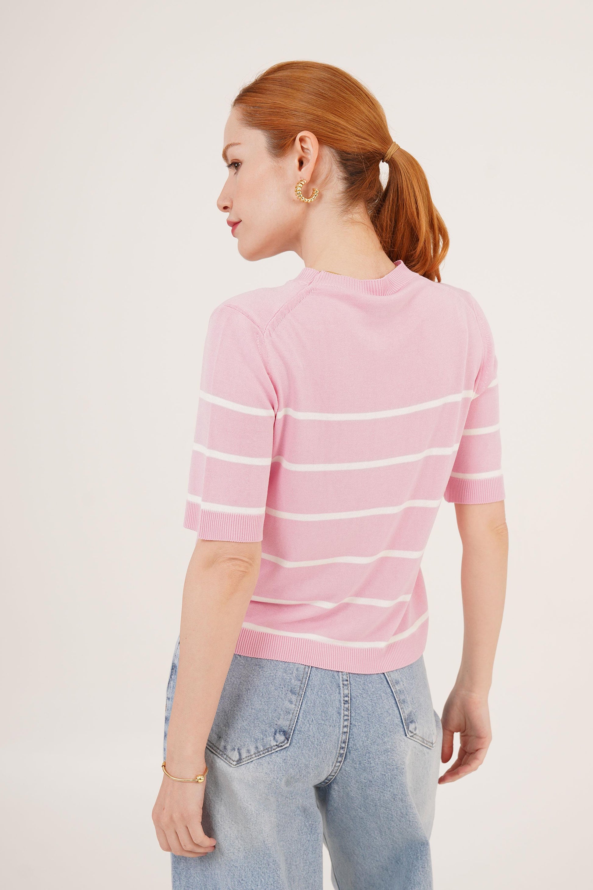 Bluzka na krotki rekaw w paski - rozowa 