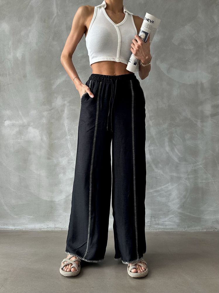 Spodnie lniane z haftem - czarne