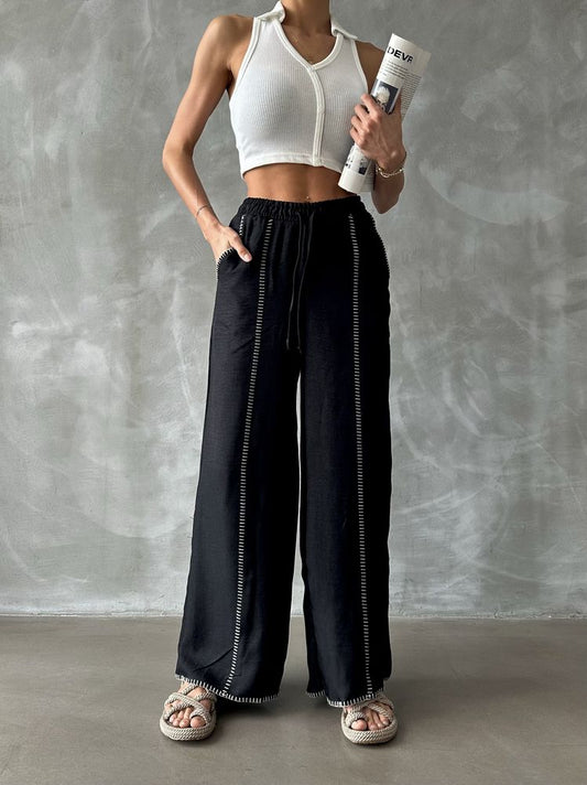 Spodnie lniane z haftem - czarne