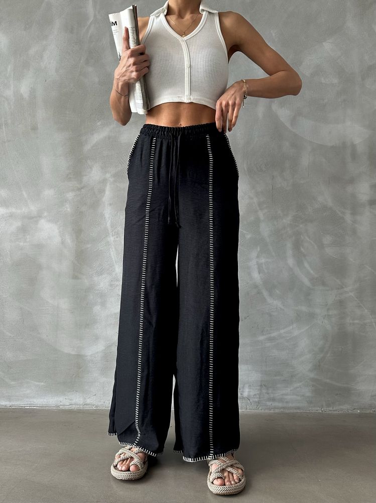 Spodnie lniane z haftem - czarne