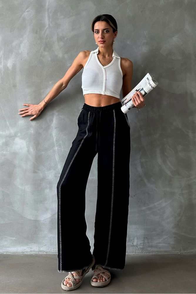 Spodnie lniane z haftem - czarne