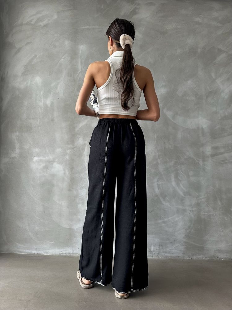 Spodnie lniane z haftem - czarne