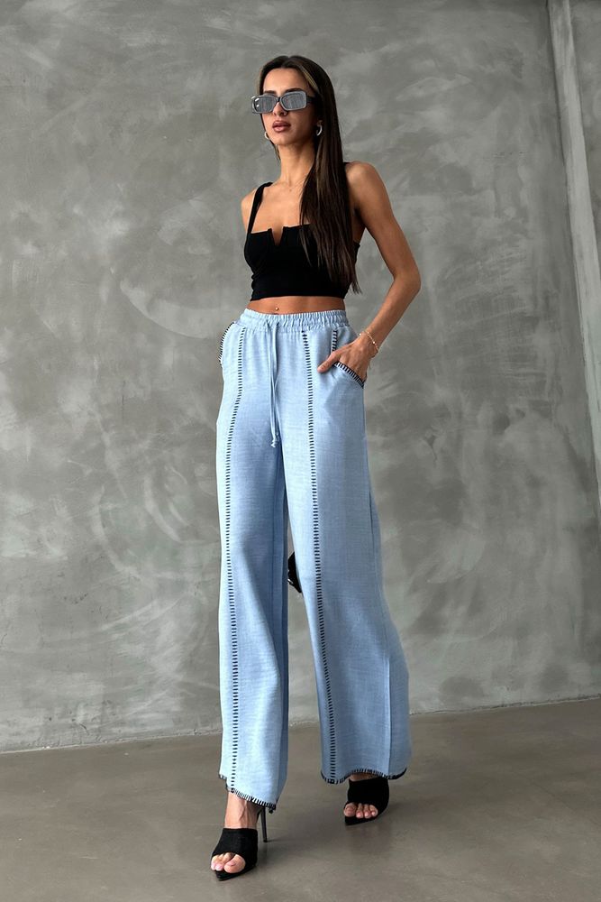 Spodnie lniane z haftem - jasny niebieski