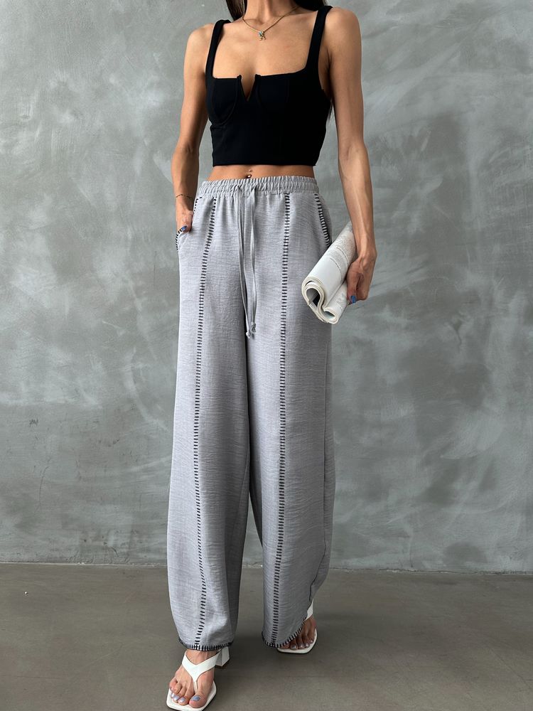 Spodnie lniane z haftem - szare