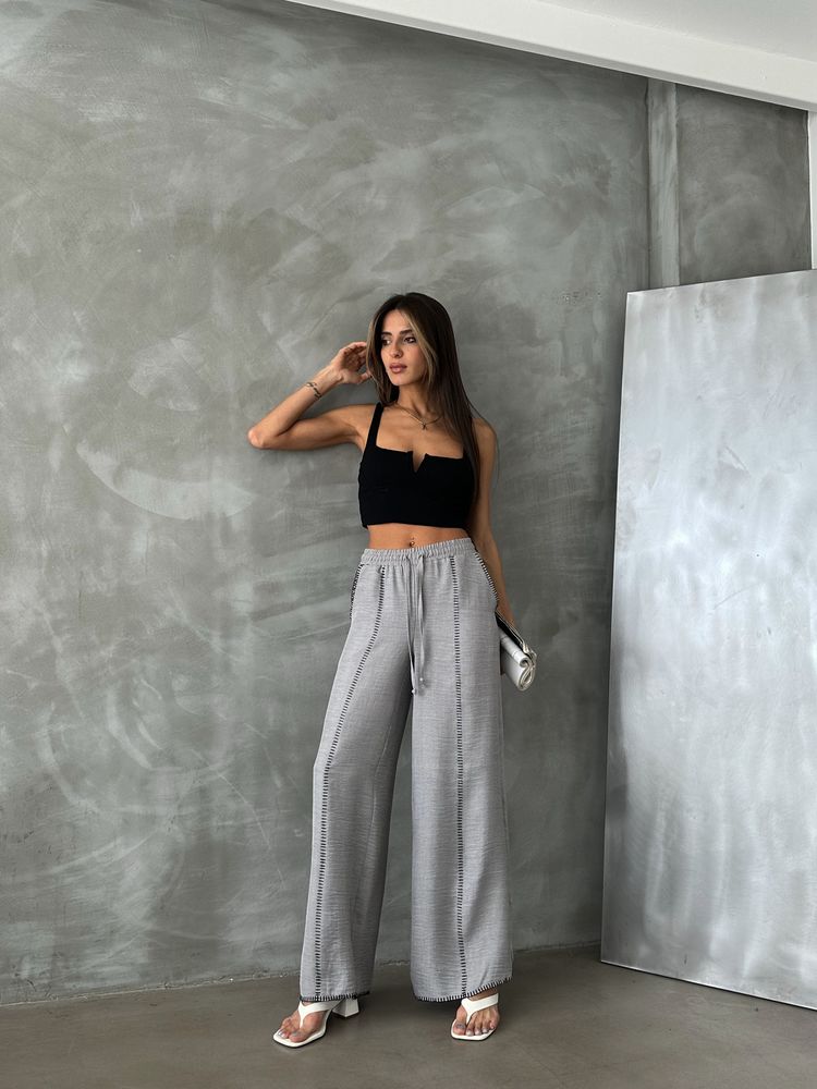 Spodnie lniane z haftem - szare