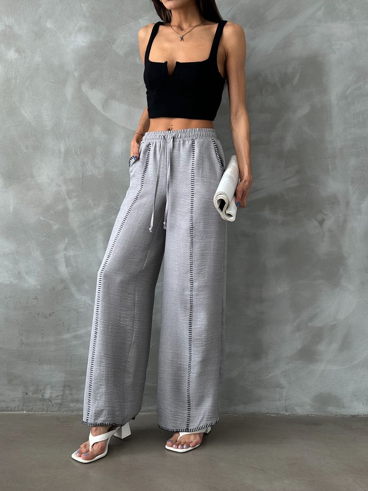 Spodnie lniane z haftem - szare